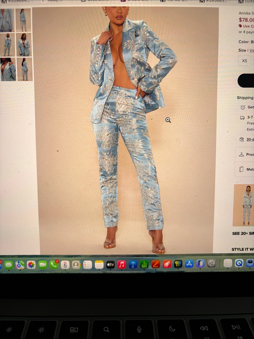 Fashion Nova Light Blue Metallic Floral Brocade Trousers